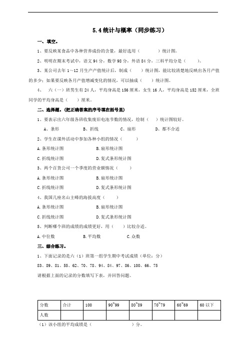 六年级数学下册试题 一课一练5.4统计与概率(同步练习)西师大版(含答案)