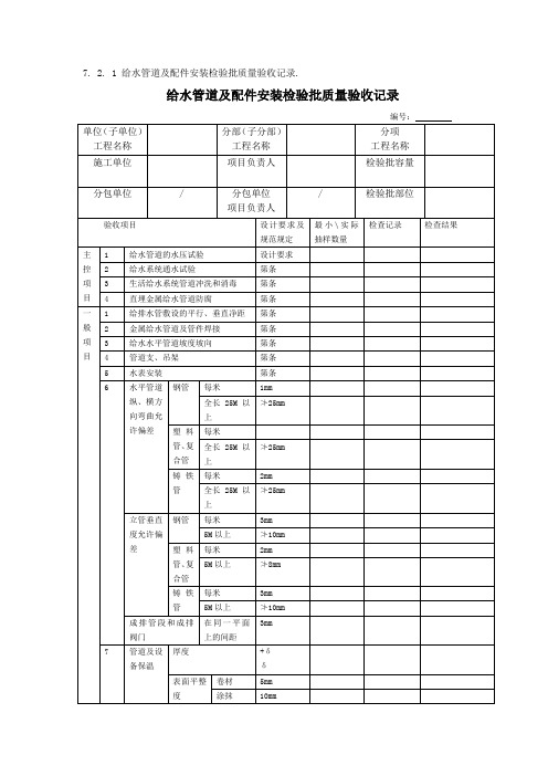 给水管道及配件安装检验批质量验收记录