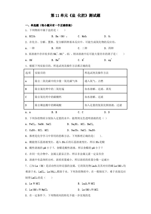 人教版化学九年级下册第11单元《盐 化肥》测试试题(含答案)