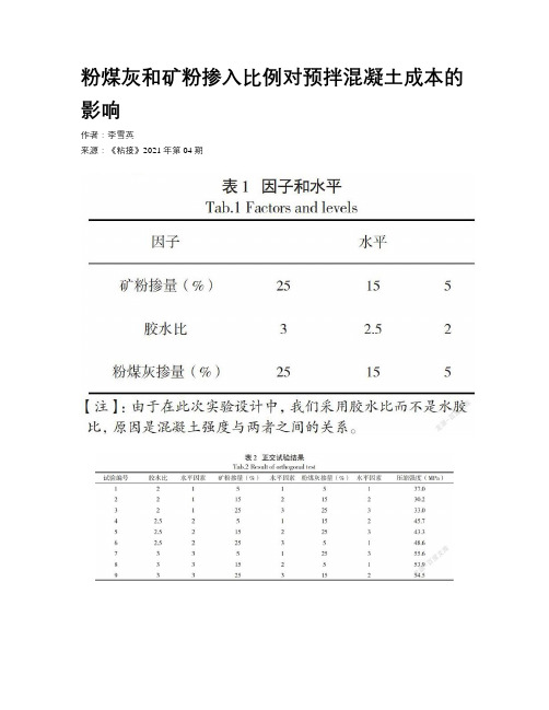 粉煤灰和矿粉掺入比例对预拌混凝土成本的影响 