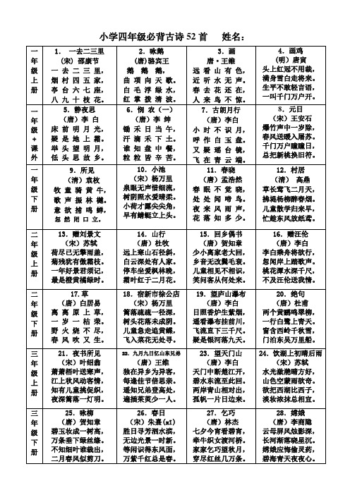 小学四年级必背古诗52首