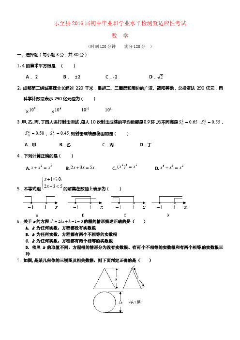 四川省资阳市乐至县2016届九年级数学第一次模拟试题