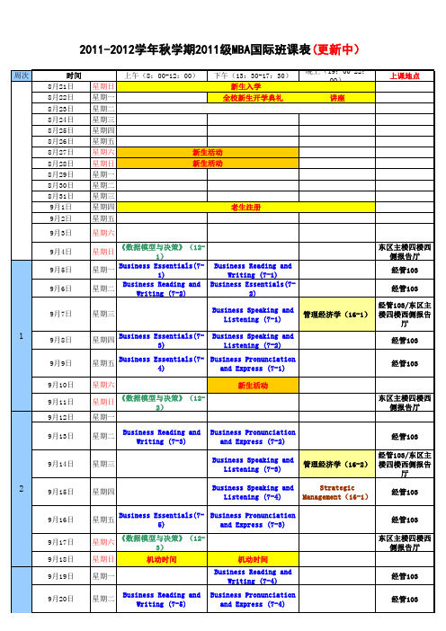 中国农业大学2011-2012学年秋学期2011级MBA课程表(更新中)