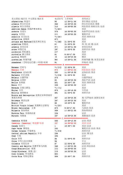 世界各国地区-电话区号-工作时间和常用语言