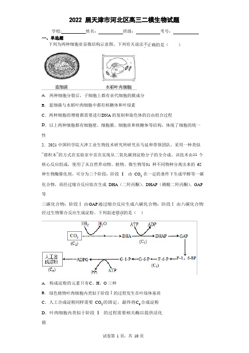 2022届天津市河北区高三二模生物试题(含答案解析)