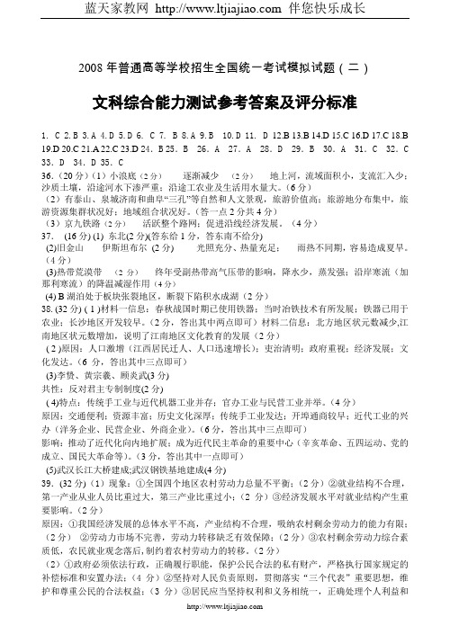 2008年福建省普通高中高考模拟试题文综试卷(二)参考答案