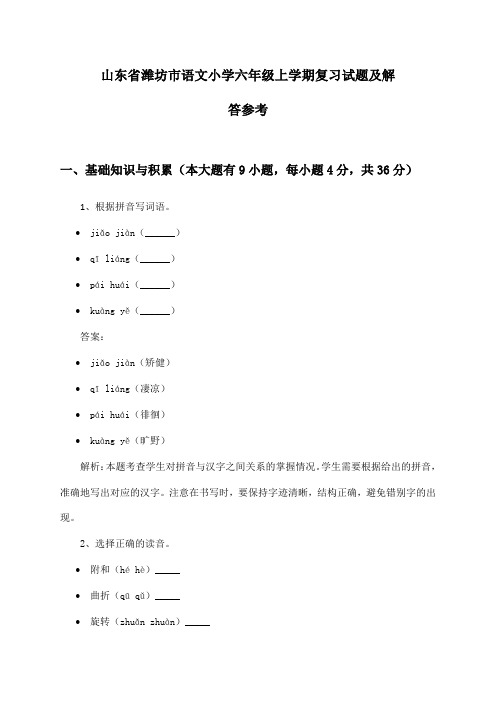 山东省潍坊市语文小学六年级上学期复习试题及解答参考