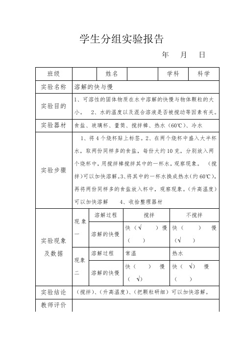 溶解的快与慢实验报告单