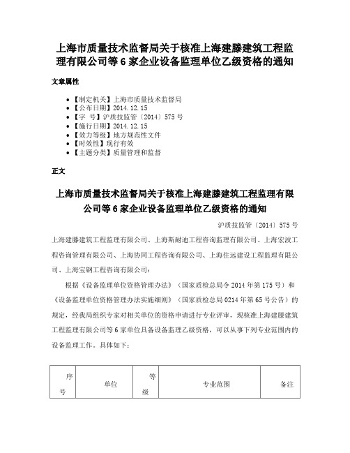 上海市质量技术监督局关于核准上海建滕建筑工程监理有限公司等6家企业设备监理单位乙级资格的通知