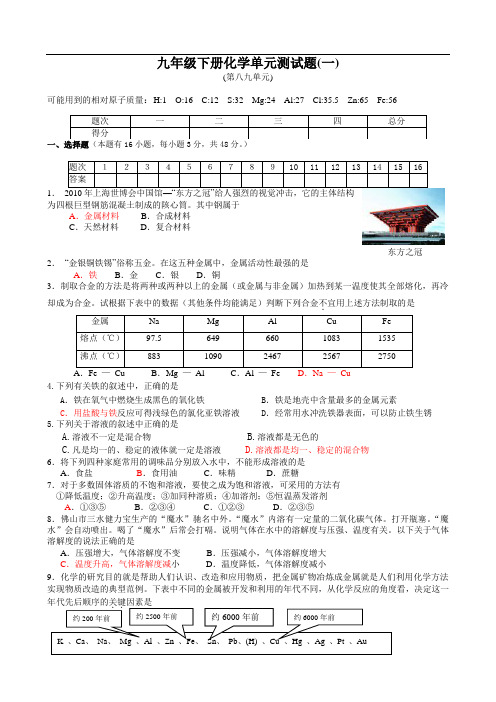 九年级化学第8,9单元测试题及答案