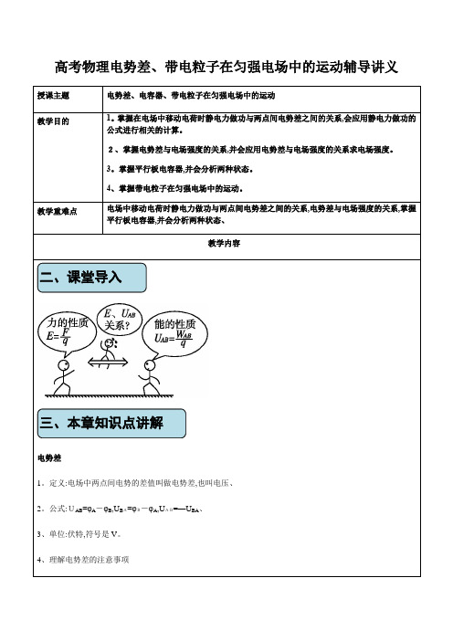 高考物理电势差 带电粒子在匀强电场中的运动辅导讲义