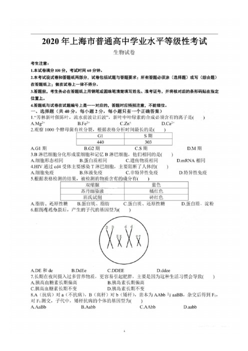 2020年上海市普通高中学业水平等级性考试理科综合生物试卷及答案