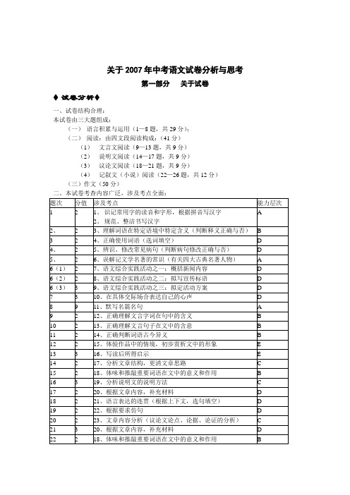 关于2007年中考语文试卷分析与思考