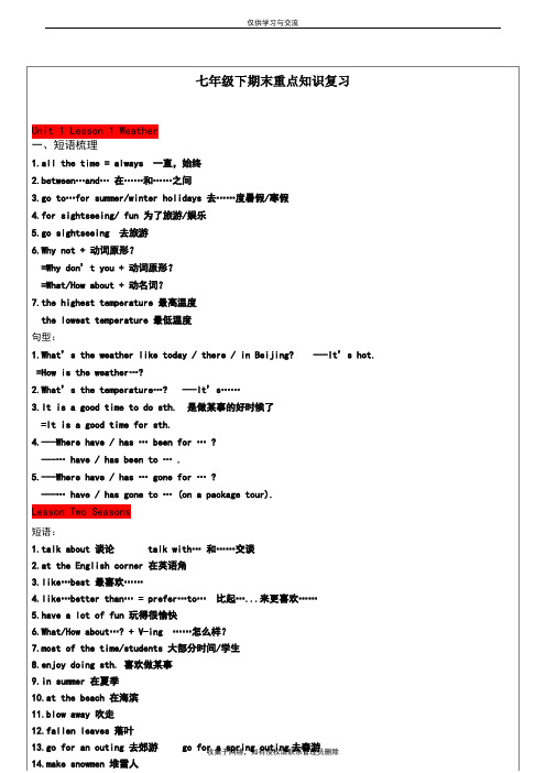 最新牛津沪教版英语七年级下期末重点知识复习总结
