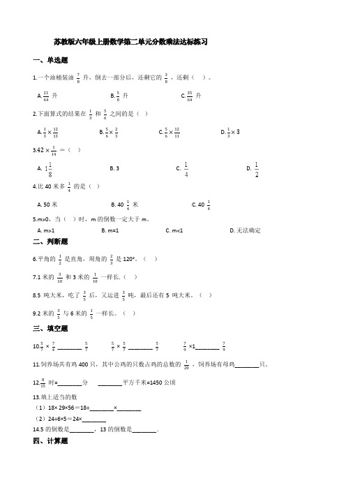 苏教版六年级上册数学第二单元分数乘法达标练习【含答案】