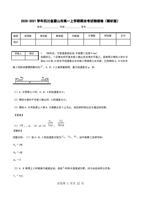 2020-2021学年四川省眉山市高一上学期期末考试物理卷(解析版).doc