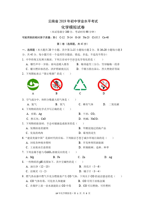 最新2019--2020年云南省中考化学模拟试卷