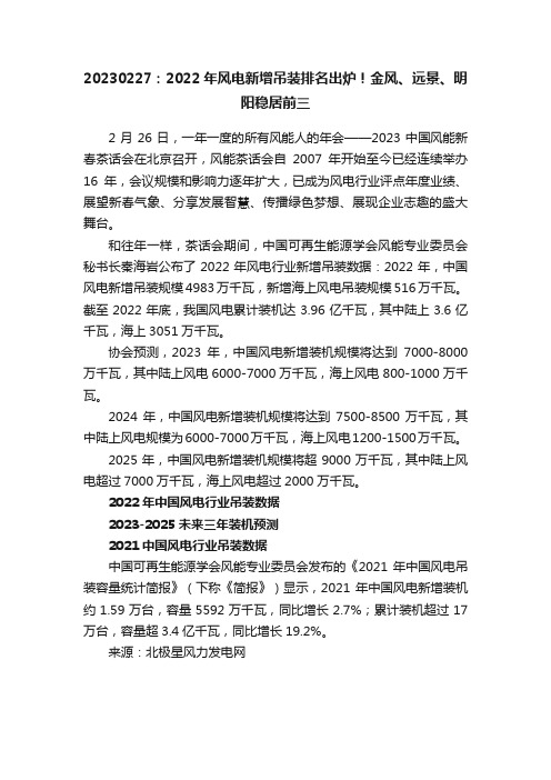 20230227：2022年风电新增吊装排名出炉！金风、远景、明阳稳居前三