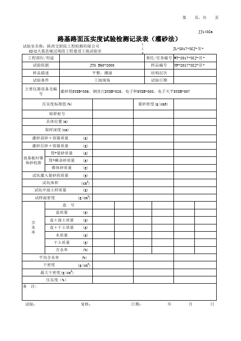 路基路面压实度试验检测记录表(灌砂法)