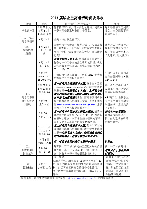 2012届毕业生高考后时间安排表