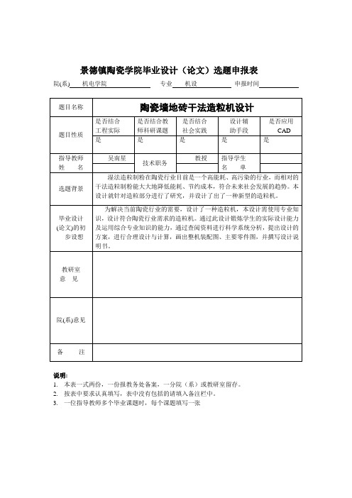 毕业设计(论文)选题申报表 5陶瓷墙地砖干法造粒机设计