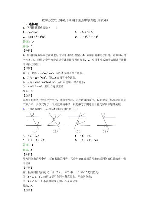 数学苏教版七年级下册期末重点中学真题(比较难)