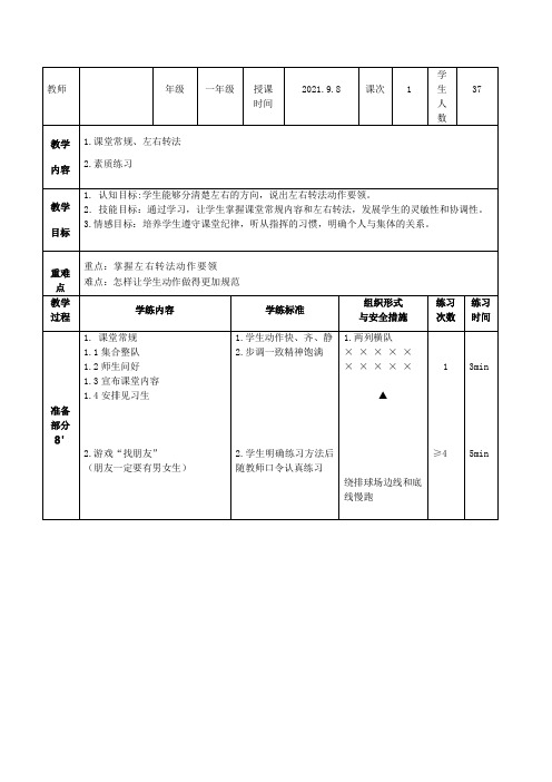 队列队形一年级体育教案