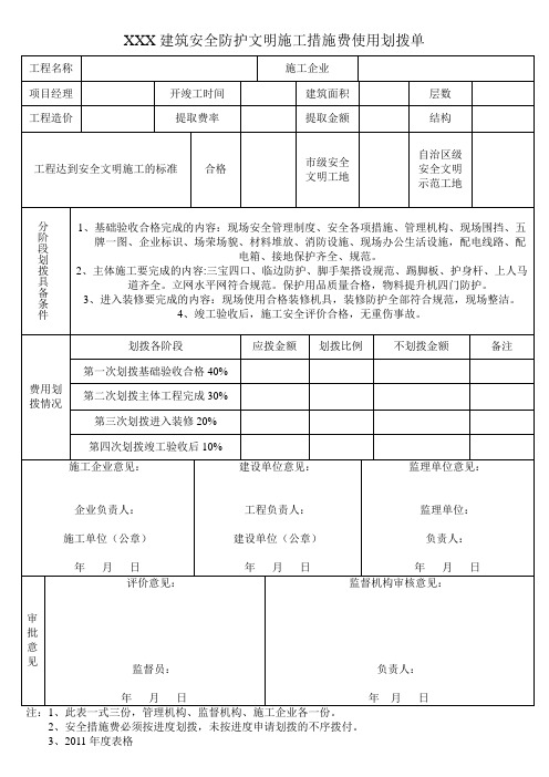 XXXX建筑工程安全防护文明施工措施费使用划拨单