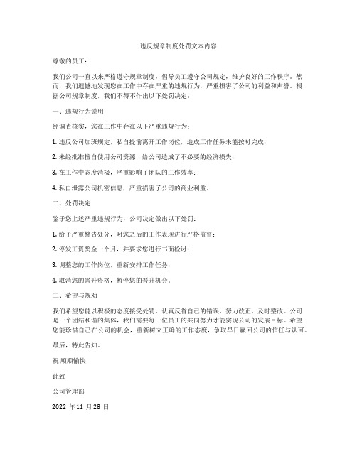 违反规章制度处罚文本内容