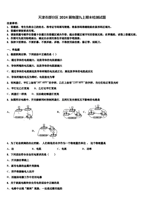 天津市部分区2024届物理九上期末检测试题含解析