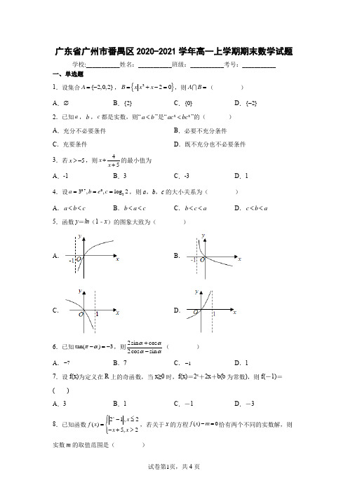 广东省广州市番禺区2020-2021学年高一上学期期末数学试题(含答案解析)