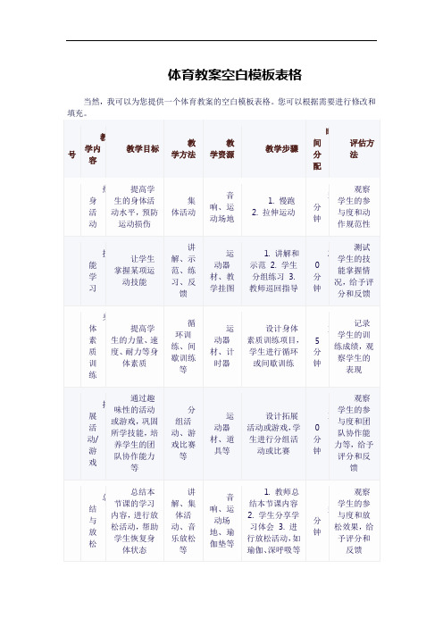 体育教案空白模板表格