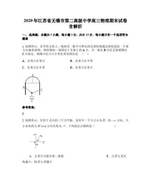 2020年江苏省无锡市第二高级中学高三物理期末试卷含解析