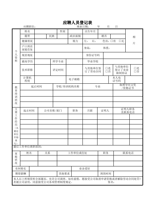 应聘人员登记表