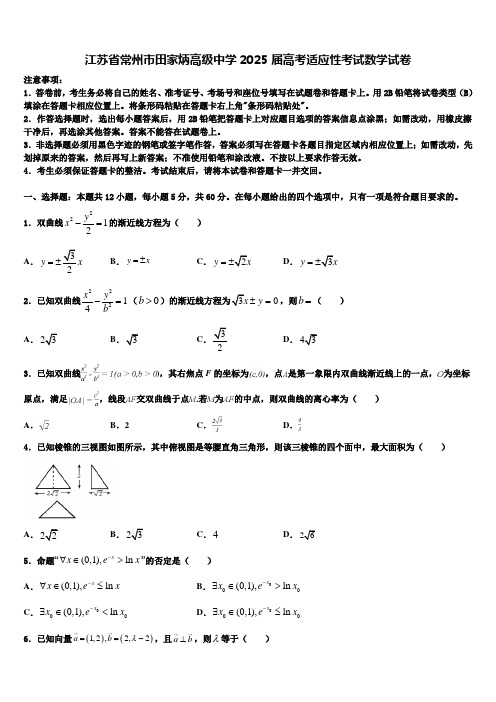 江苏省常州市田家炳高级中学2025届高考适应性考试数学试卷含解析