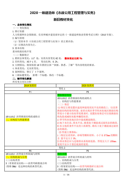 2020年一级建造师市政公用工程管理与实务教材解读(汇总)新旧教材变化