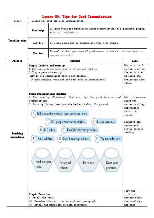 冀教版初中英语九年级下册Unit 9 Lesson50 Tips for Good Communication教学设计