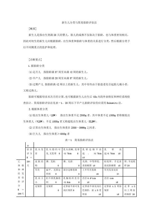 新生儿分类与简易胎龄评估法