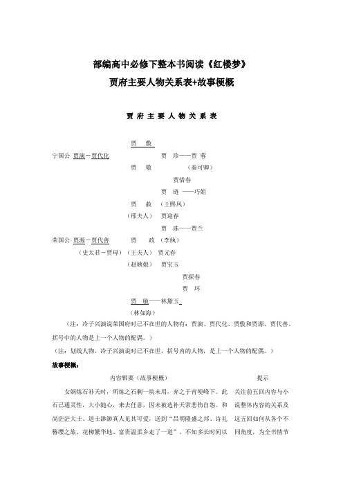 部编高中必修下整本书阅读《红楼梦》贾府主要人物关系表+故事梗概