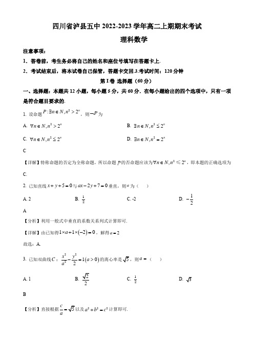 2022-2023学年四川省泸县第五中学高二上学期期末考数学(理)试卷带讲解