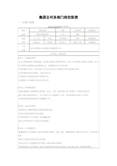 集团公司各部门岗位职责