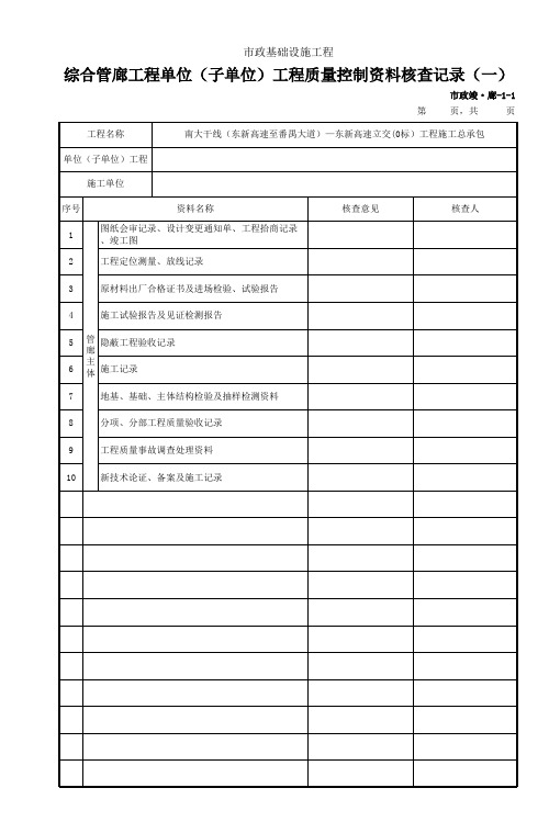 001市政竣廊1 综合管廊工程单位(子单位)工程质量控制资料核查记录(一)(二)