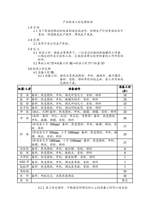 产品标准工时定额标准