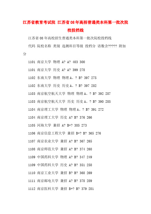 江苏省教育考试院 江苏省08年高招普通类本科第一批次院校投档线