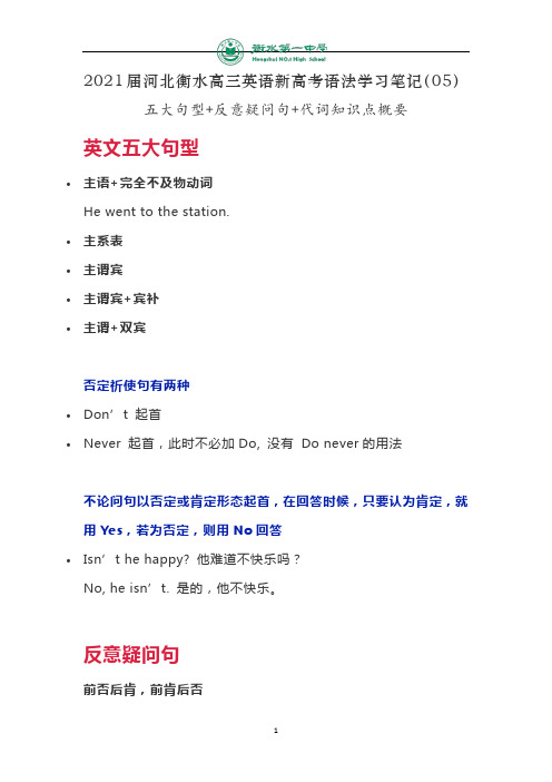 河北衡水高三英语新高考语法学习笔记(05)五大句型+反意疑问句+代词知识点概要