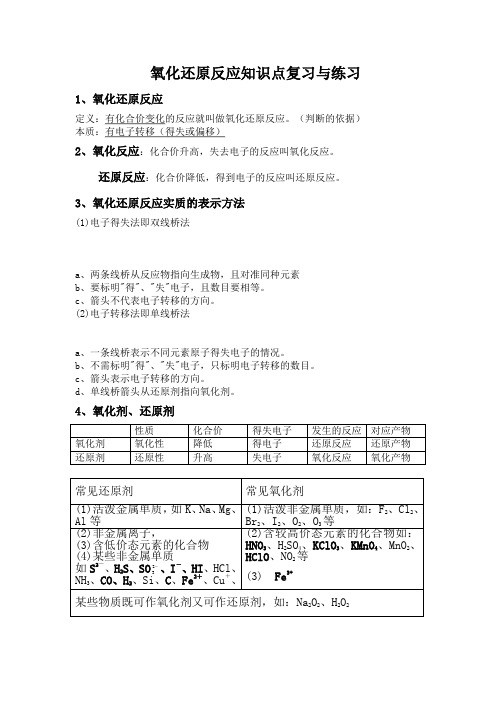 氧化还原反应知识点复习与练习