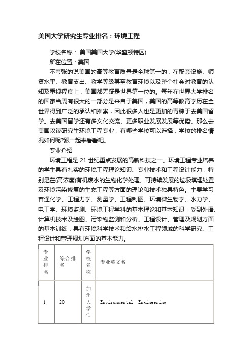 美国大学研究生专业排名：环境工程