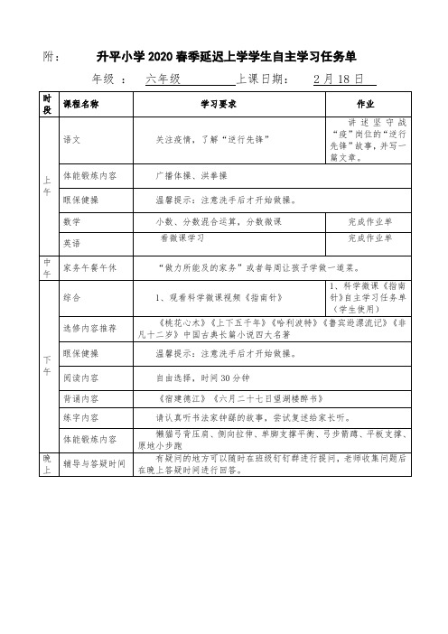 六年级2月18日学生自主学习任务单(年级汇总)