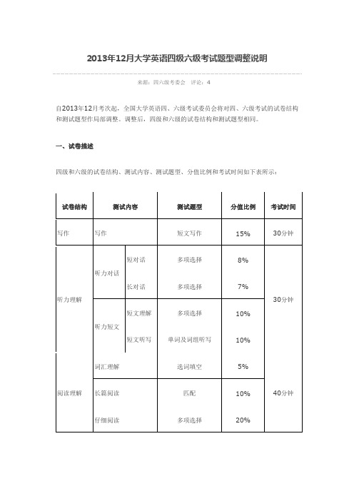 2013年12月大学英语四级六级考试题型调整说明