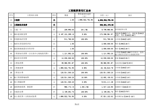 广东省工程概算费用汇总表 评审结果指标